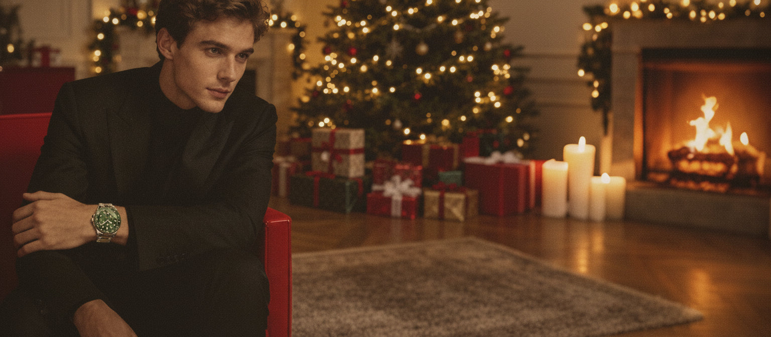 Man in a black suit sitting on a red chair in a festive living room with Christmas decorations.