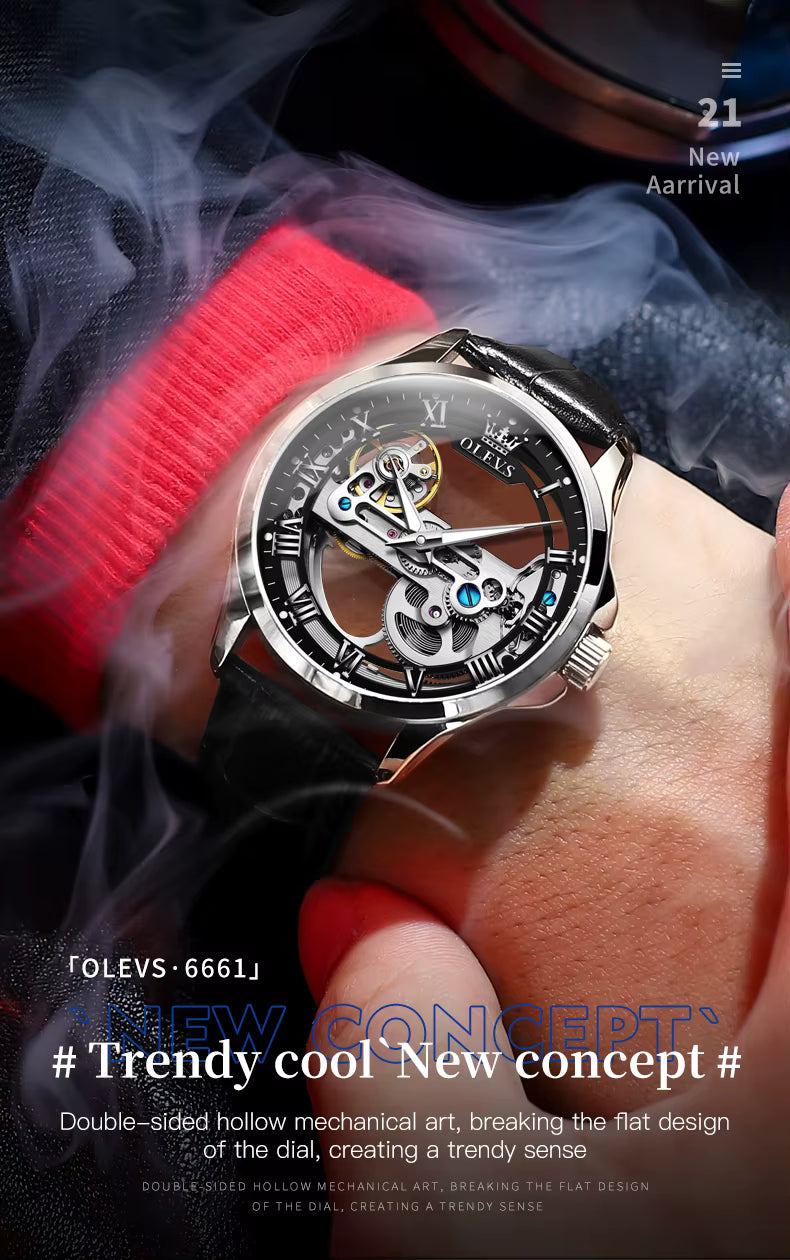 Luxury watch with red strap on wrist, brand 'OLEVS' visible, with promotional text.