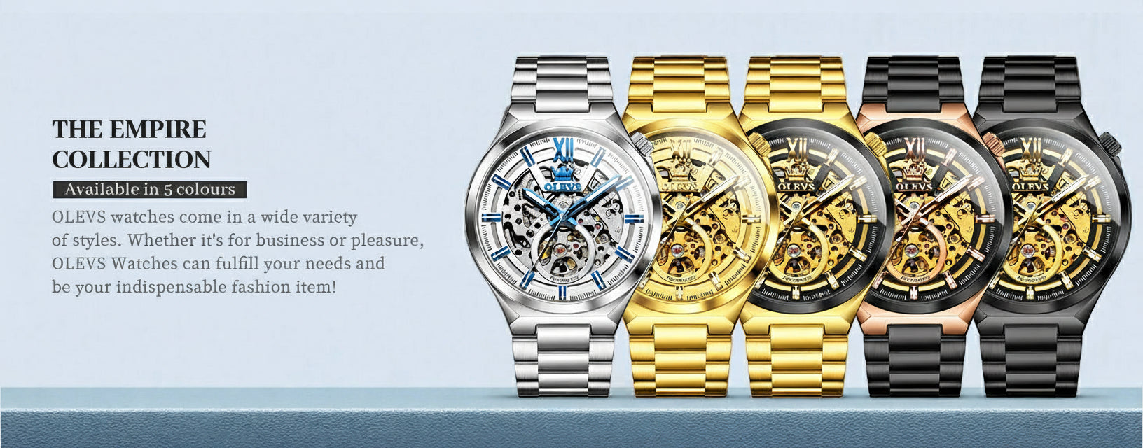 Five OLEVS skeleton watches in silver, gold, rose gold, black, and bronze on a light blue background.